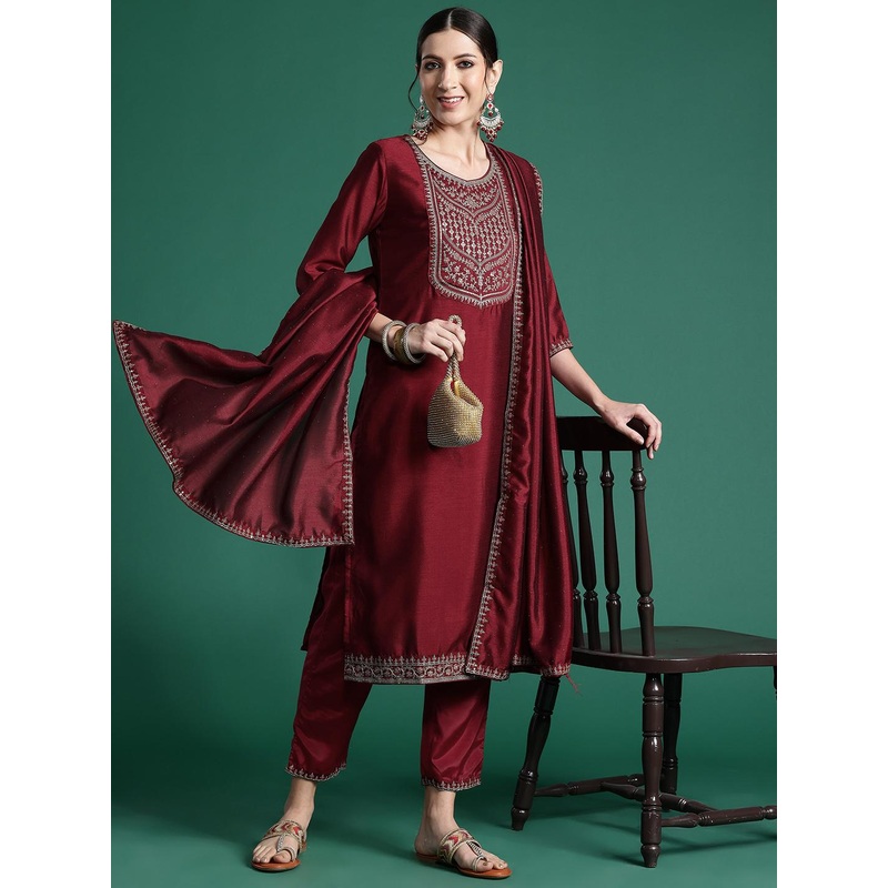 Indo Era Ethnic Motifs Yoke Design Sequinned Kurta with Trousers & Dupatta