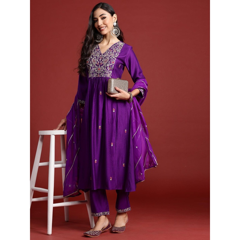 Indo Era Floral Embroidered Pleated Aari Work Liva Kurta With Trousers & Dupatta