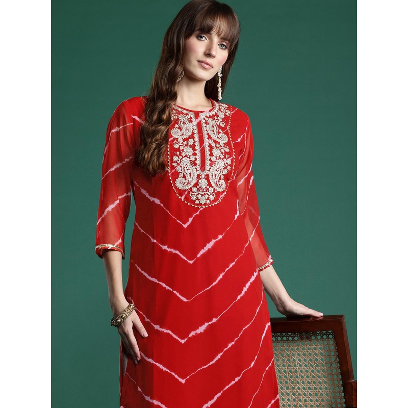 Indo Era Leheriya Print Zari & Mirror Embroidered Straight Georgette Kurta