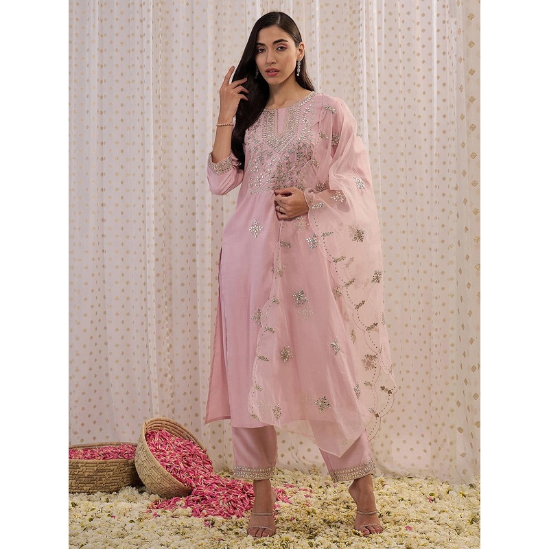 Indo Era Pink Ethnic Motifs Embroidered Gotta Patti Kurta with Trousers & Dupatta