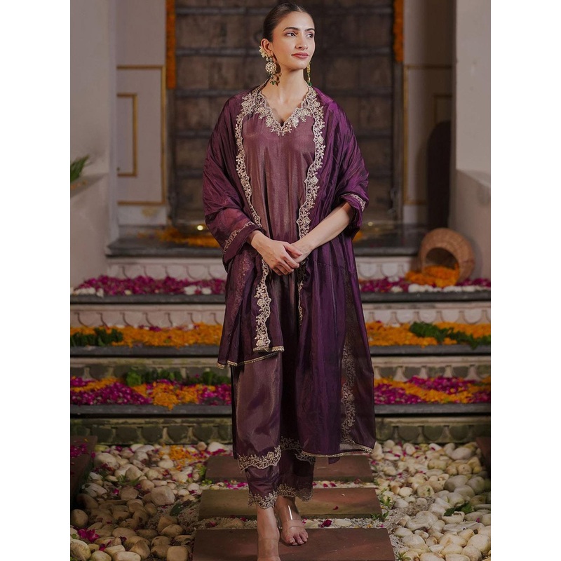 Indo Era Women Ethnic Motifs Embroidered Regular Liva Kurta with Trousers & With Dupatta