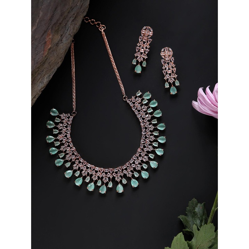 Jazz and Sizzle Rose Gold-Plated Green AD -Studded & Beaded Jewellery Set