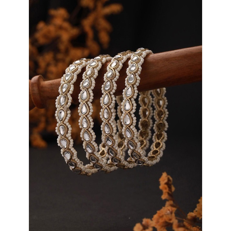 Jazz and Sizzle Set Of 4 22KT Gold-Plated Kundan-Studded & Beaded Bangles