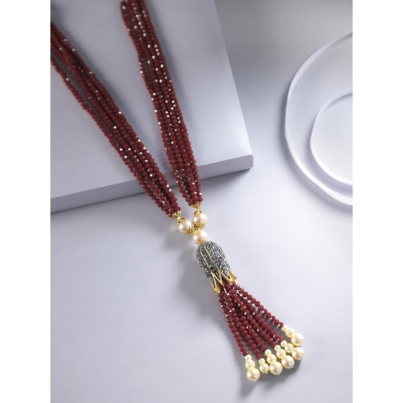 Jewels Galaxy Maroon & Off-White Gold-Plated Stone Studded & Beaded Tasselled Necklace