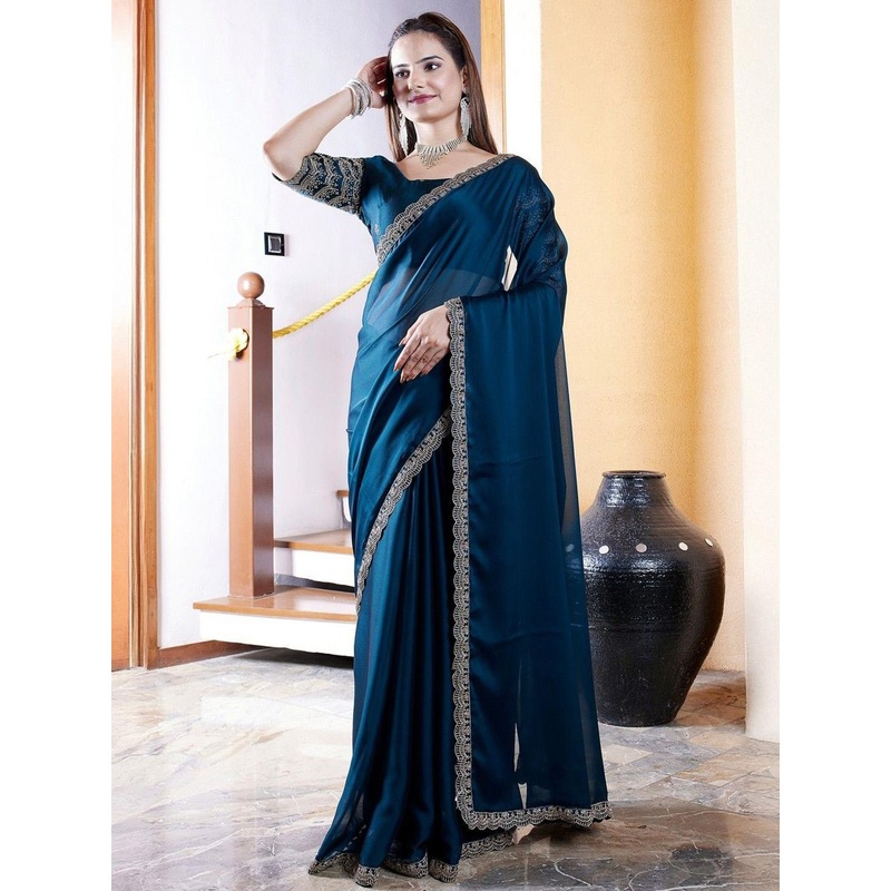K 5 Fashion Floral Embroidered Beads and Stones Pure Chiffon Saree