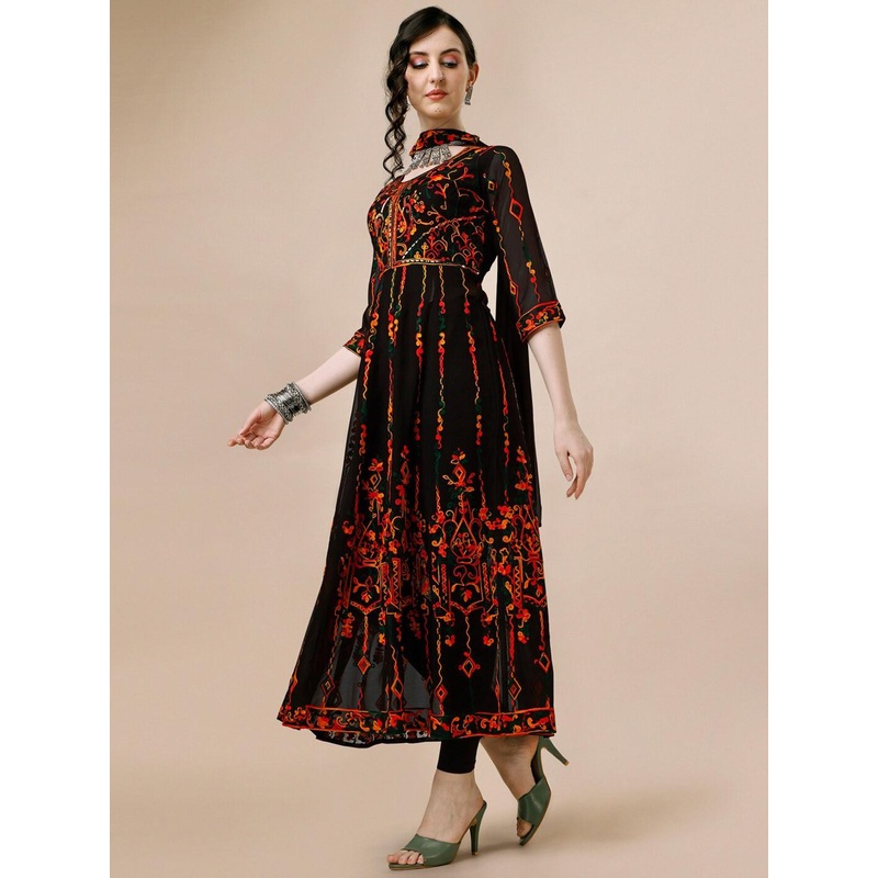 KALINI Floral Thread Work Pleated Anarkali Kurta with Dupatta