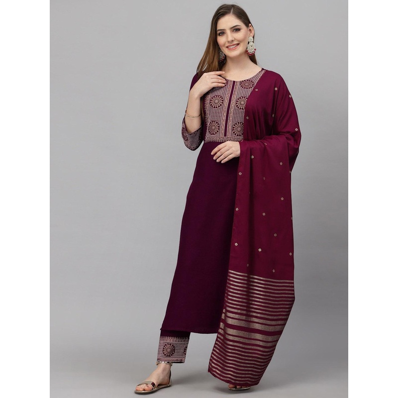 KALINI Yoke Design Embroidered Straight Kurta With Trousers & Dupatta