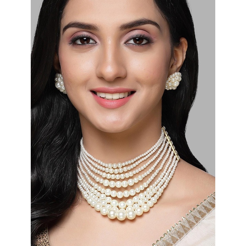 KARATCART Gold-Plated Pearl Beaded Choker Necklace & Earrings