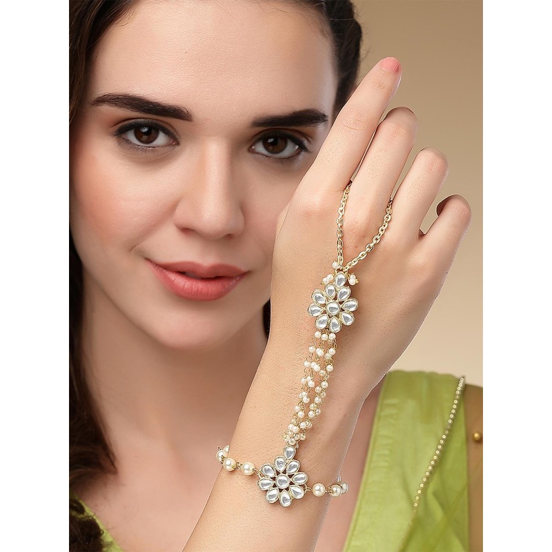 KARATCART Women Gold-Plated White Kundan & Pearls Ring Bracelet