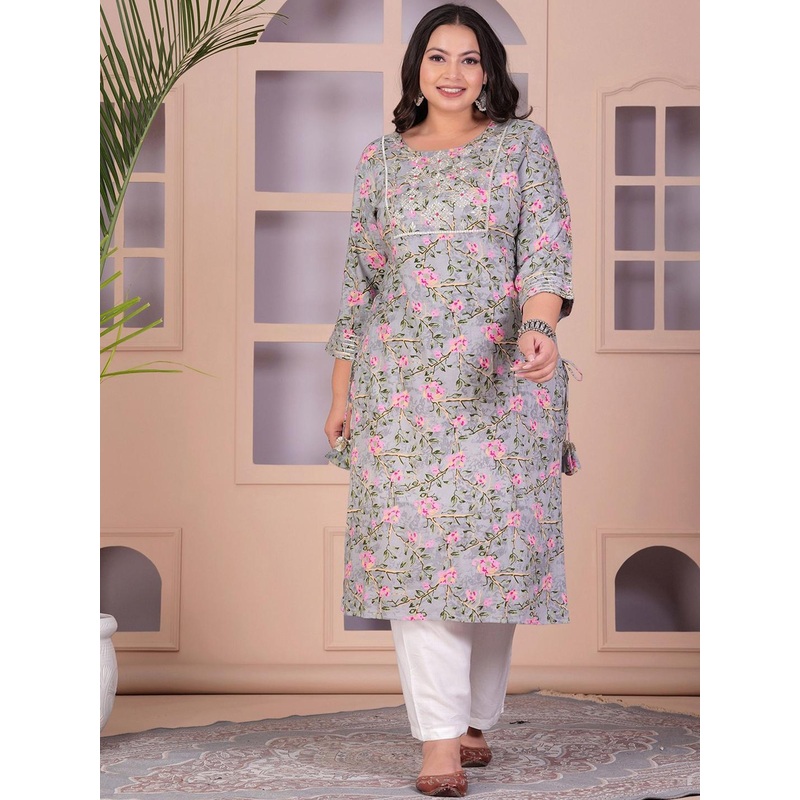 LABULY Plus Size Floral Printed Gotta Patti Straight  Kurta