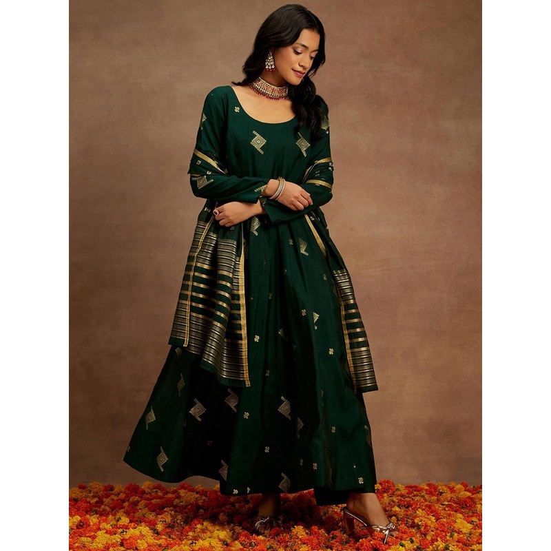 Libas Womens Green Woven Design Anarkali Kurta With Palazzos & Dupatta