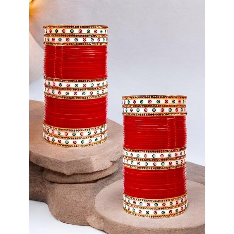 LUCKY JEWELLERY Red & White Stone Studded Bangles Set 2