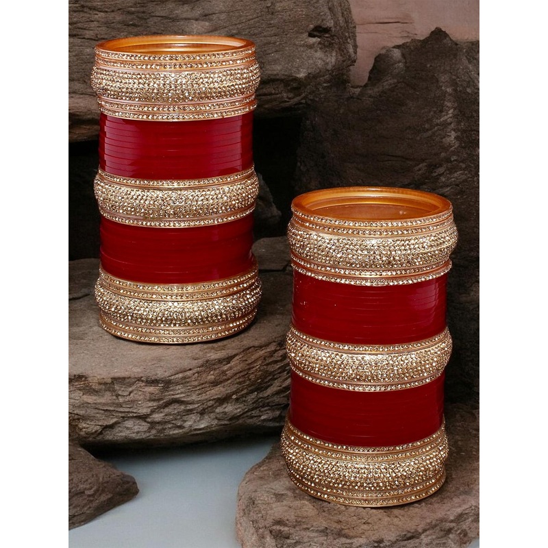 LUCKY JEWELLERY Women Maroon & Set of 2 Gold-Plated Stone Studded Punjabi Designer Chuda