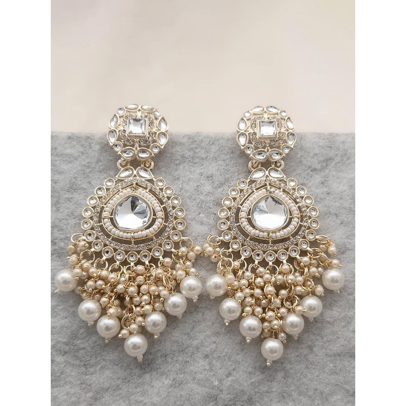 MEIRA JEWELLERY Gold Plated Artificial Studded And Beaded Contemporary Drop Earrings