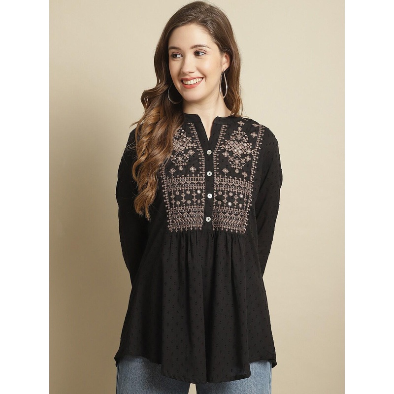 Pistaa Ethnic Motifs Embroidered Mirror Work A-Line Kurti