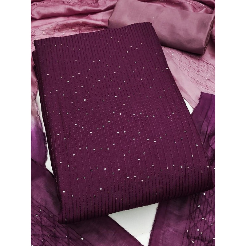 Purple Soft Chanderi Sequence Embroidery Work Unstitched Dress Material