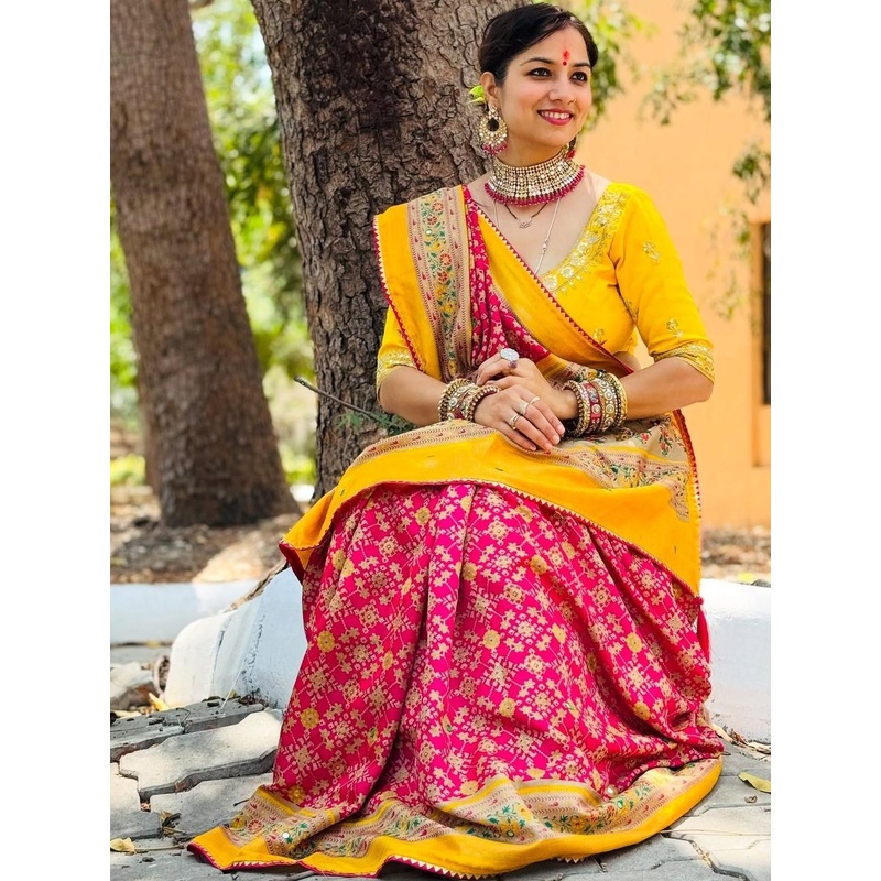 ROFOLO Ethnic Motifs Embroidered Pashmina Patola Saree with Unstitched Blouse