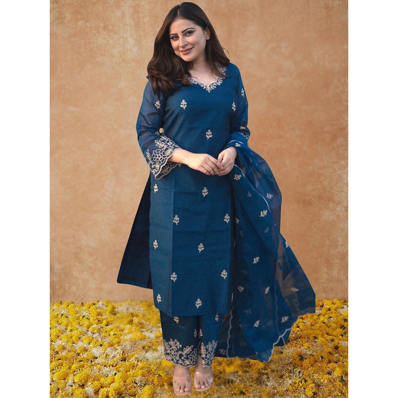 Royal Export Floral Embroidered Straight Thread Work Kurta With Trousers & Dupatta