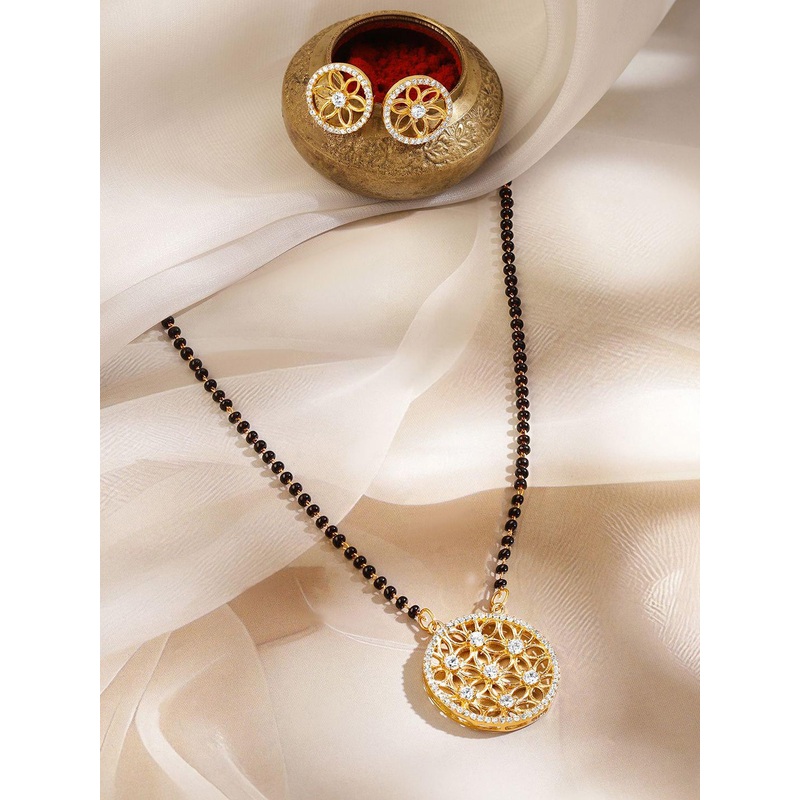 Rubans 18K Gold-Plated Cubic Zirconia Studded Floral Pendant Black Beaded Mangalsutra Set