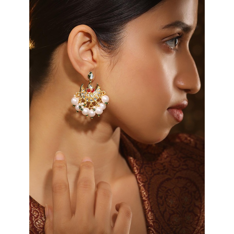 Rubans 22K Gold Plated Red Kundan Studded & Green Enamelled White Pearl Beaded Chandbali