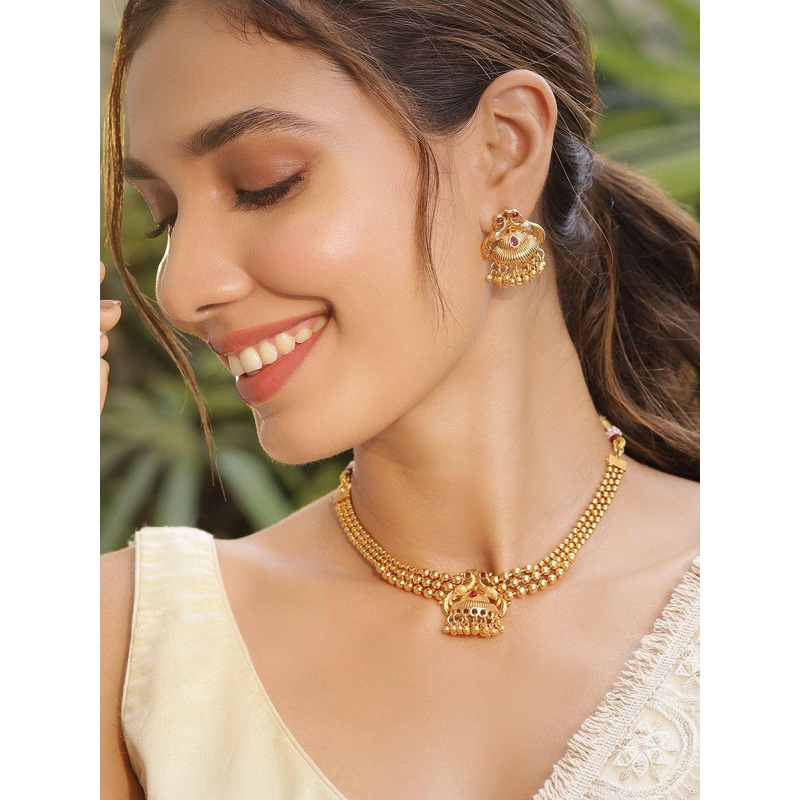 Rubans 22K Gold-Plated Red Stone with Gold Beaded Peacock Design Traditional Necklace Set