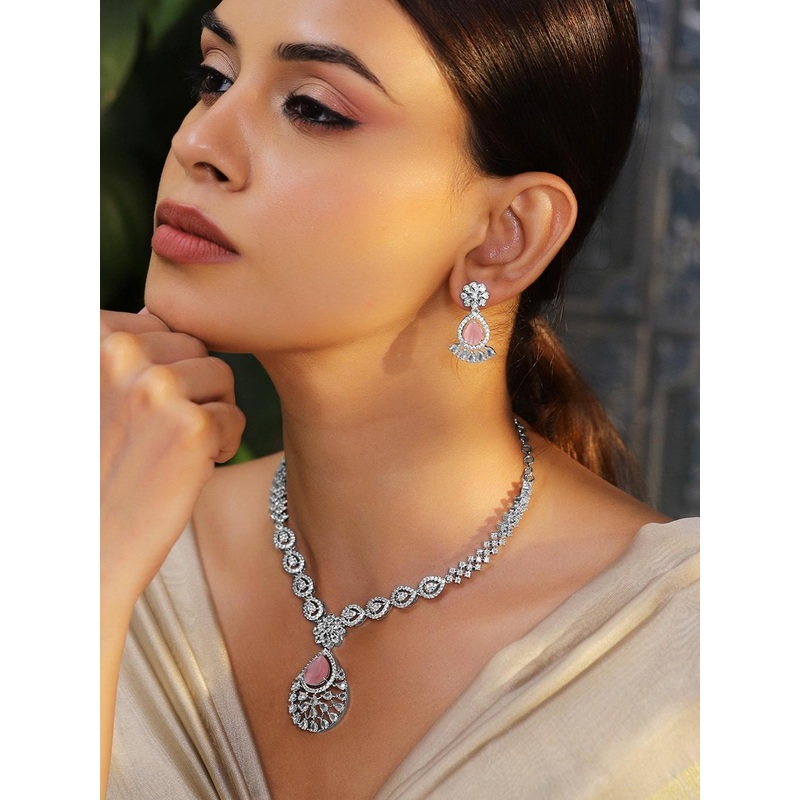 Rubans Rhodium-Plated Pastel Pink AD & Cubic Zirconia Studded Necklace Set