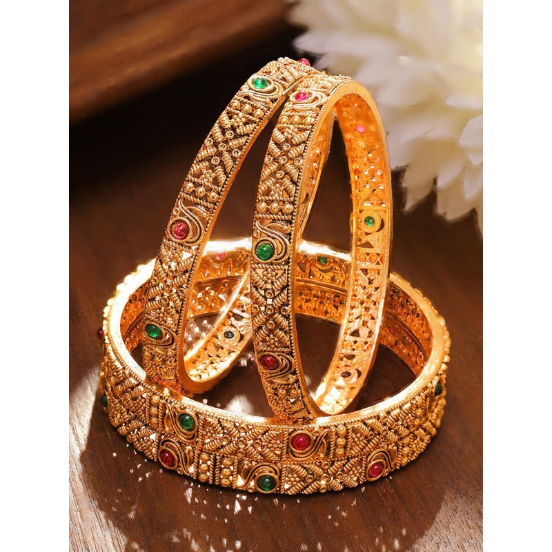 Rubans Set of 2 22K Gold-Plated Antique Bangles with Ruby Red & Emerald Green Stones