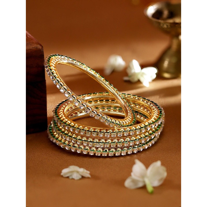 Rubans Set of 4 Gold-Plated Kundan-Studded Bangles