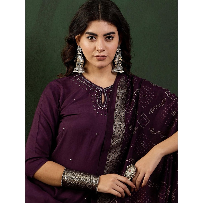 Sangria Embellished Straight Kurta & Trouser With Dupatta