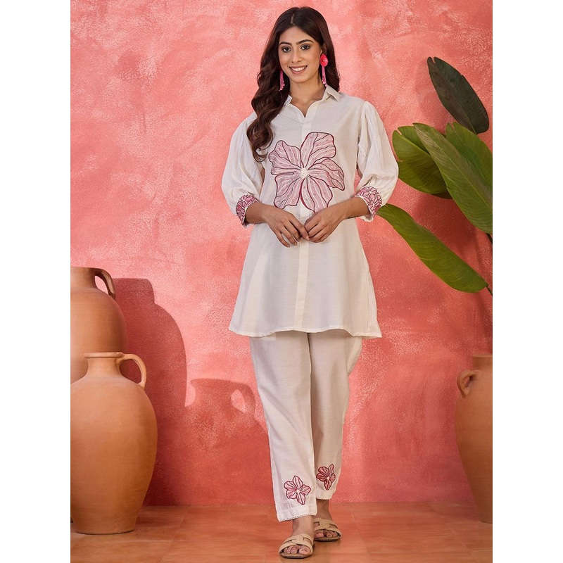 Sangria Embroidered Shirt Collar Neck Tunic With Trousers Co-Ords