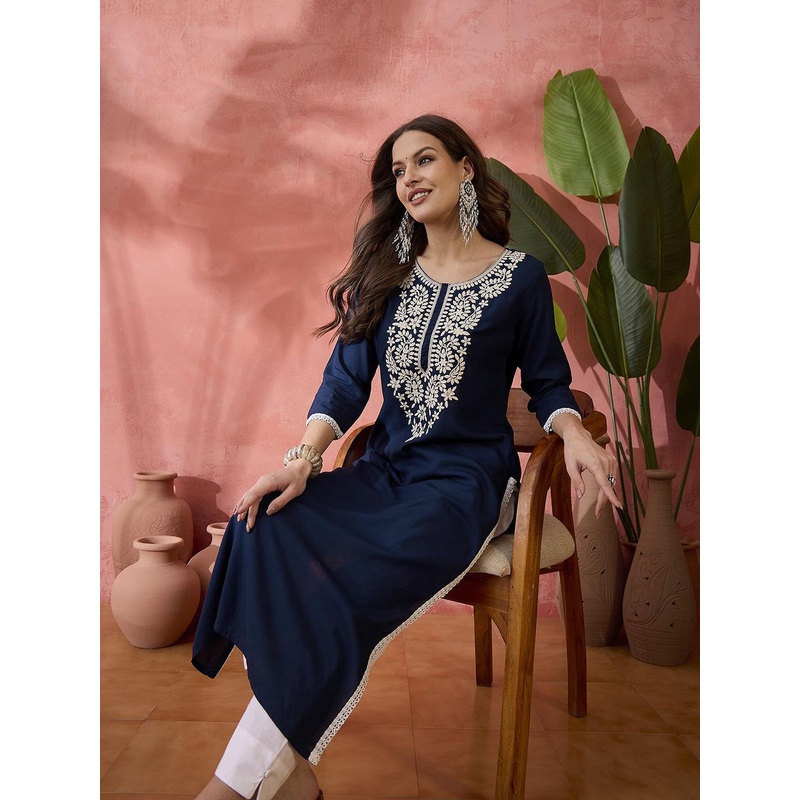 Sangria Embroidered Straight Chickenkari Kurta
