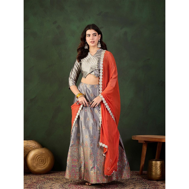 Sangria Embroidered & Woven Design Jacquard Lehenga With Choli & Dupatta