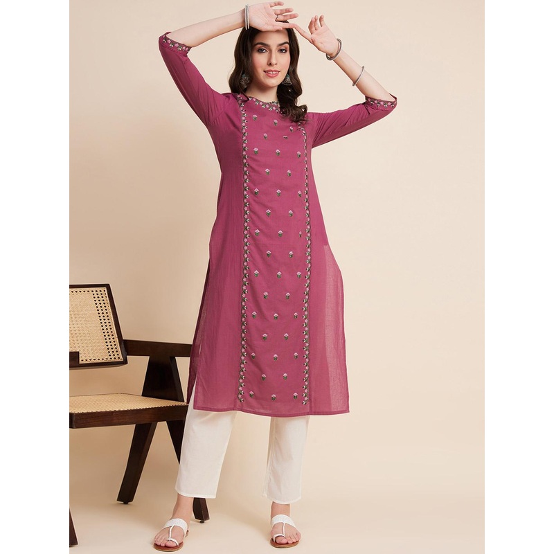 Sangria Floral Embroidered Pure Cotton Straight Kurtas
