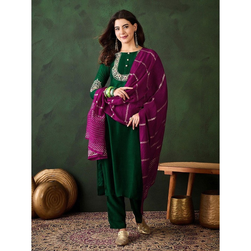 Sangria Floral Embroidered Thread Work Straight Kurta With Trousers & Dupatta