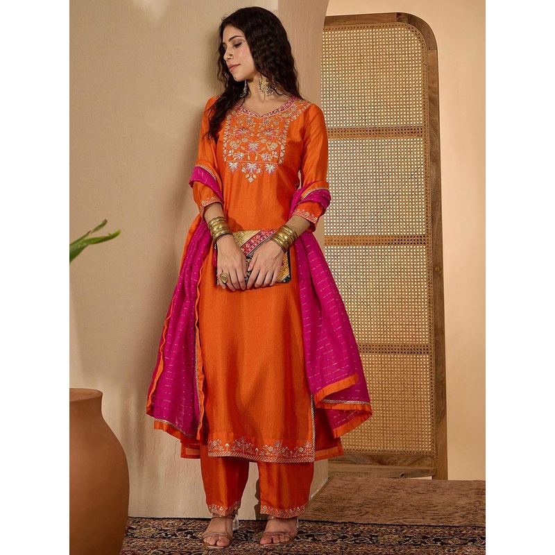 Sangria Floral Yoke Design Round Neck Sequinned Straight Kurta & Palazzos With Dupatta