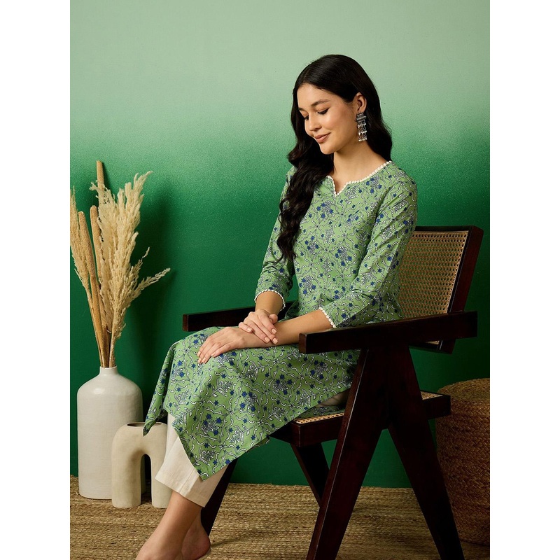 Sangria Green & Blue Floral Printed Notch Neck Pure Cotton Straight Kurta
