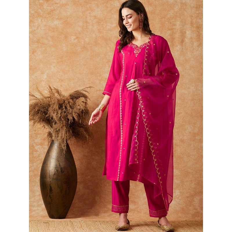 Sangria Pink Floral Embroidered Sequinned Kurta With Trouser & Dupatta