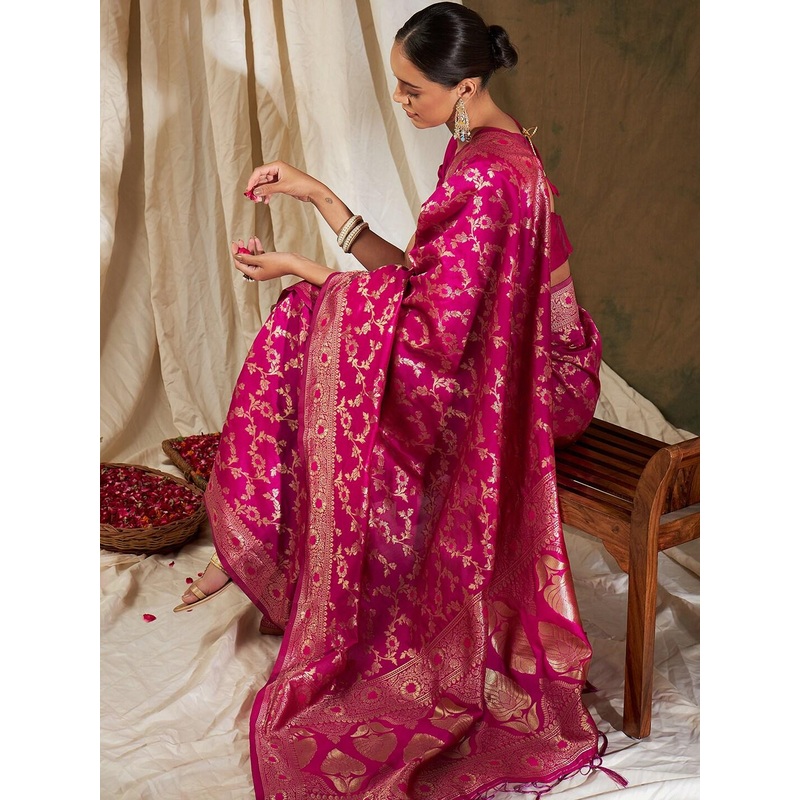 Sangria Pink & Gold-Toned Floral Woven Design Zari Banarasi Saree