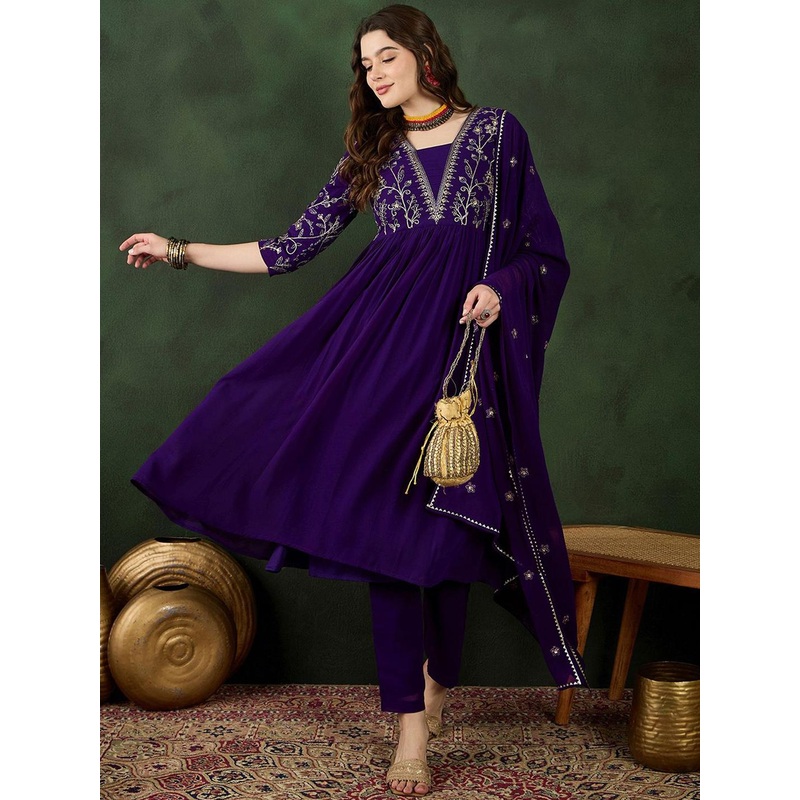 Sangria Purple Floral Embroidered Regular Sequinned Georgette Kurta & Trouser With Dupatta