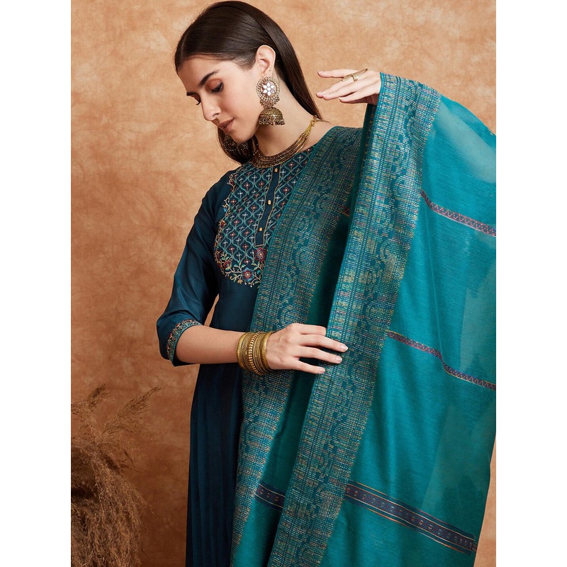 Sangria Teal Blue Embroidered Zari Sequence A Line Kurta & Trousers Dupatta