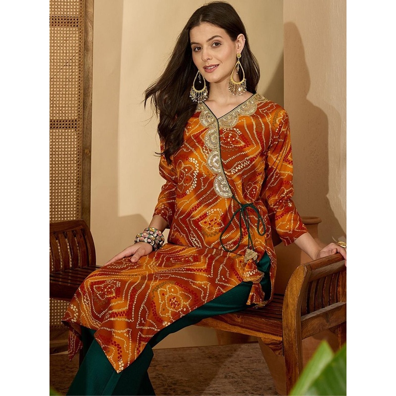 Sangria Women Bandhani Printed With Embroidered Angrakha Knot Straight Kurta