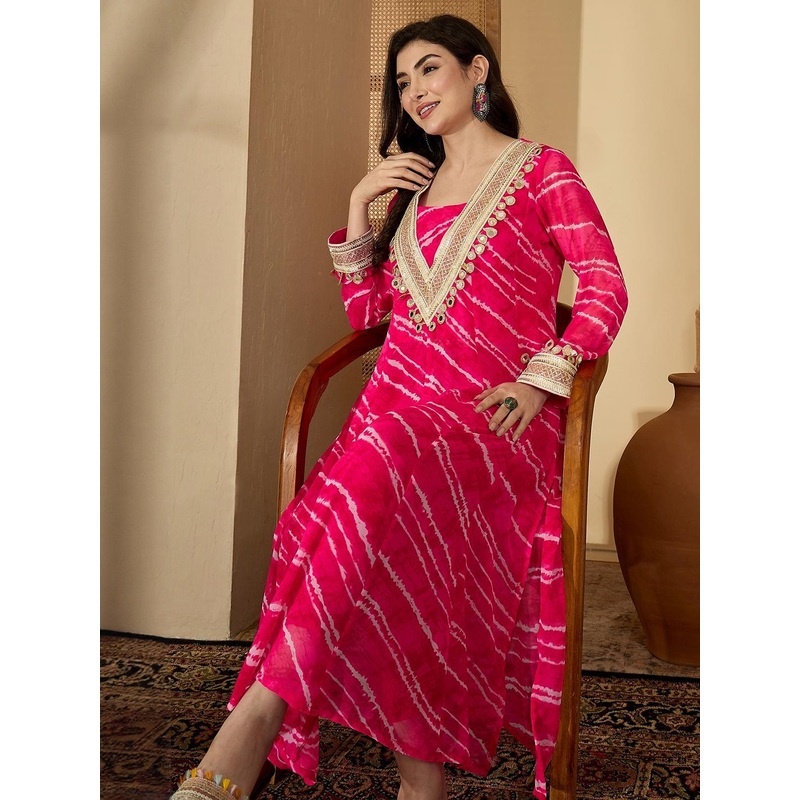 Sangria Women Leheriya Printed Regular Mirror Work Kurta with Trousers