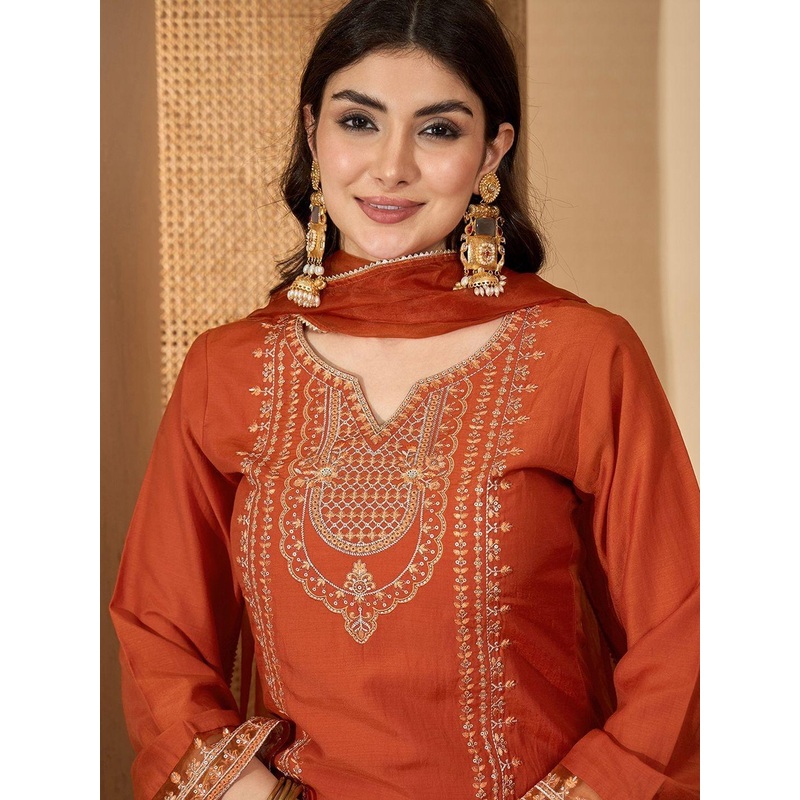 Sangria Women Orange Chinon Silk Blend Zari Sequence Embroidered Thread Work Kurta Set