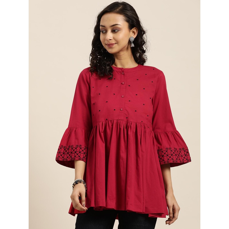 Sangria Women Red Mandarin Collar Bell Sleeves Pure Cotton Top