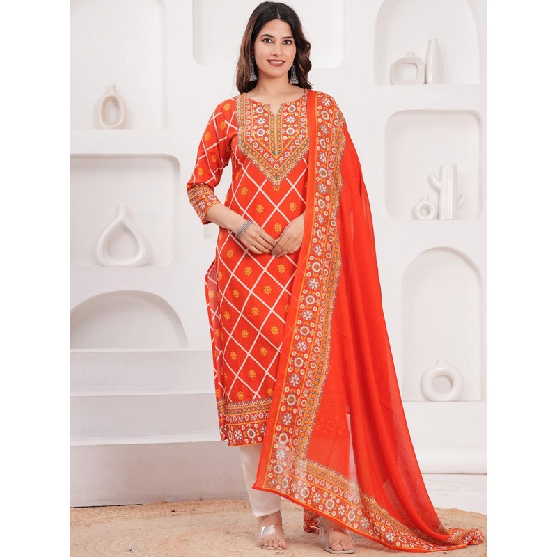 Sarai Women Orange Printed Cotton Kurta with Dupatta