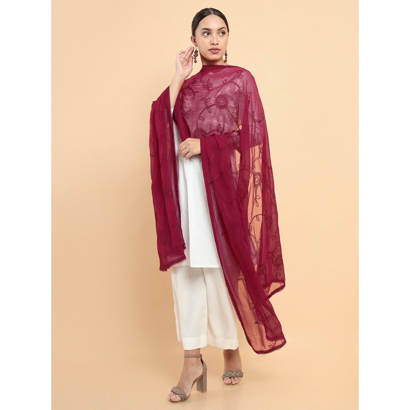 Soch Maroon Embroidered Pure Cotton Dupatta