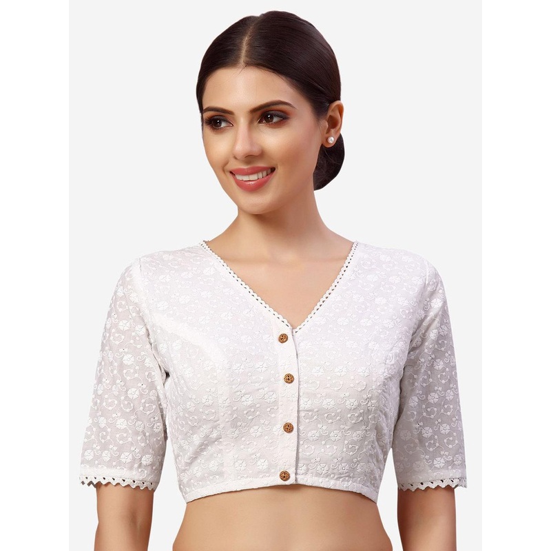 Studio Shringaar Women Embroidered Chikankari Pure Cotton Saree Blouse