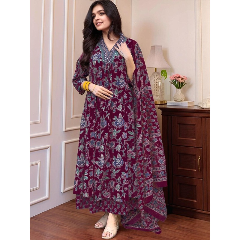 SZN Floral Printed V-Neck Beads and Stones Straight Kurta With Trouser & Dupatta