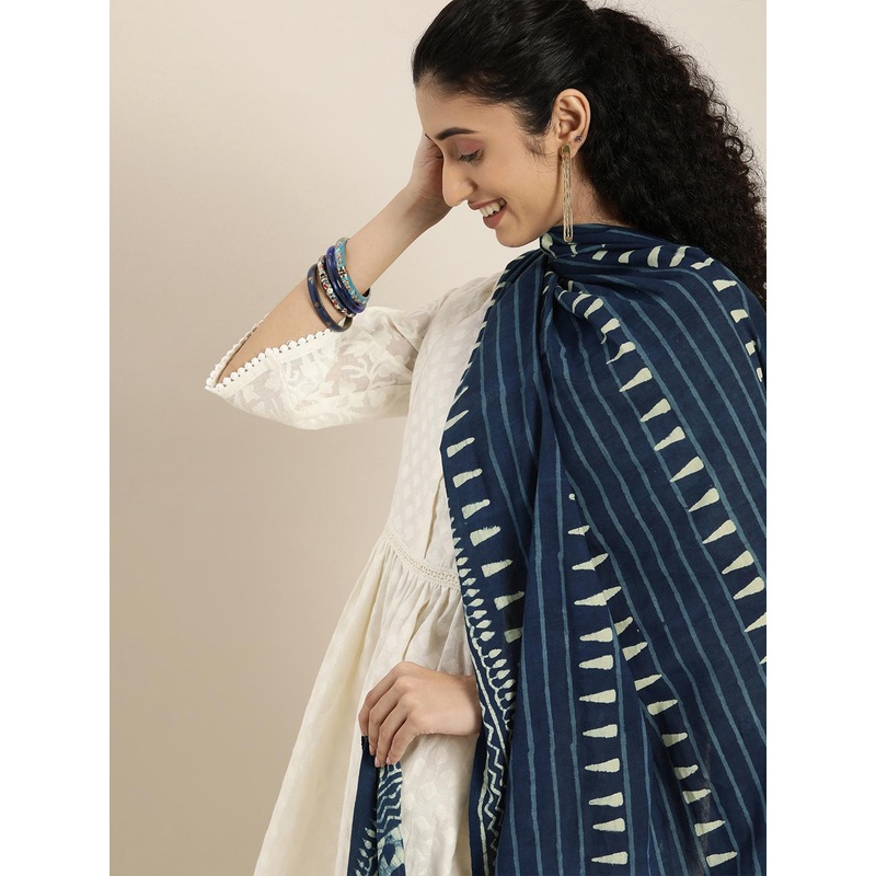 Taavi Navy Blue & Off White  Indigo Hand Block Printed Pure Cotton Dupatta