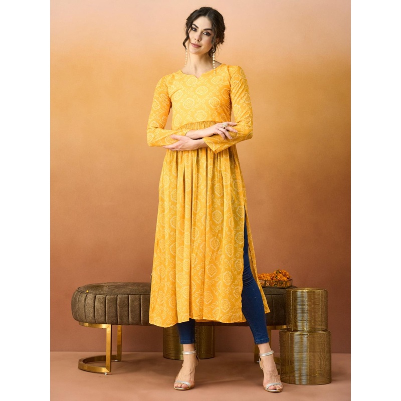 TextileNow Bandhani Printed Pleated Georgette A-Line Kurta
